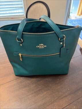 COACH Emerald Green Saffiano Leather Tote with Gold Hardware
